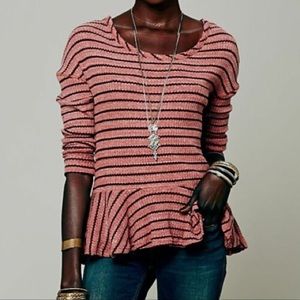 Free People Auntie Em Thermal Top Women’s Size M Peplum Hem Stripes Relaxed Fit